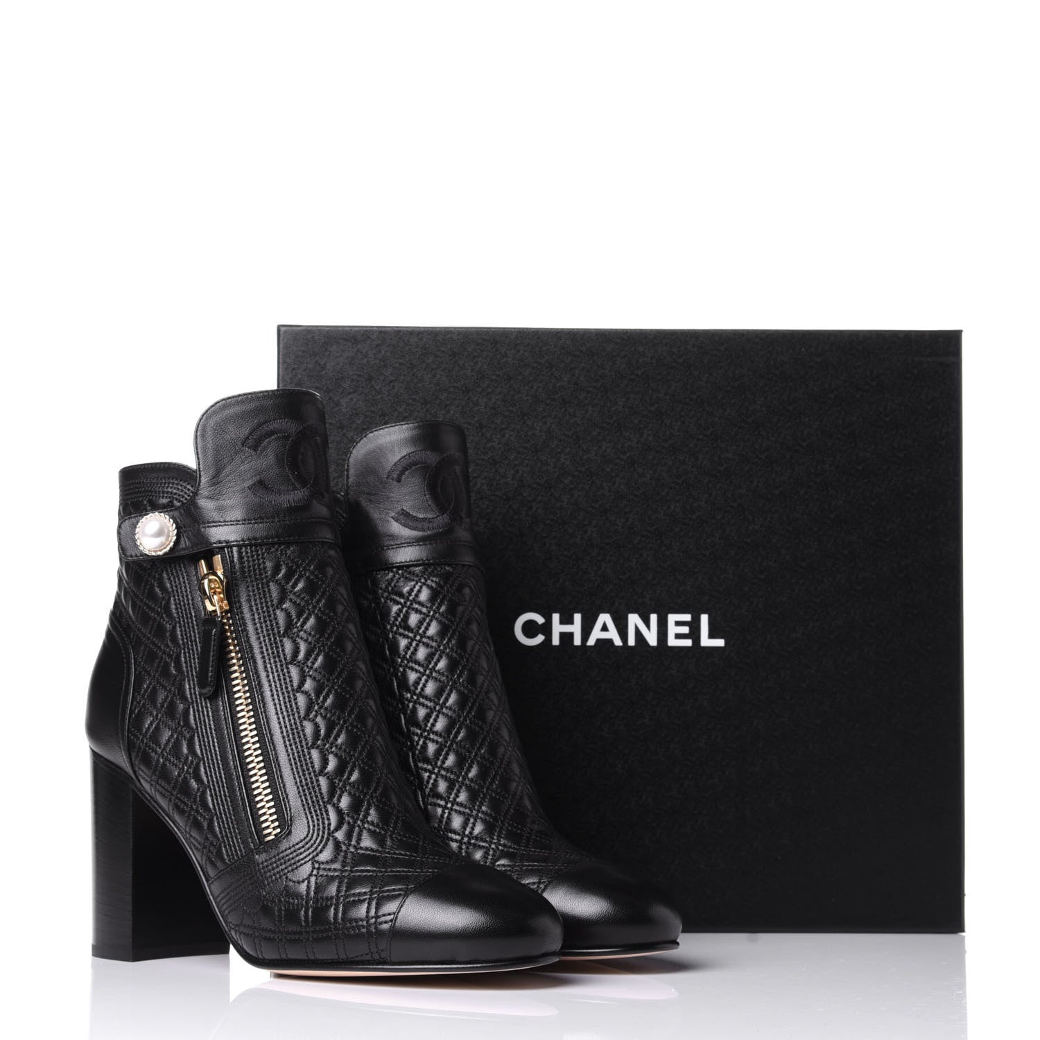 Chanel Lambskin Quilted Pearl CC Cap Toe Short Boots 39.5 Black 11 of 11