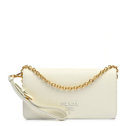 Prada Saffiano Shine Monochrome Mini Flap Crossbody Wristlet Bag Bianco 1 of 10