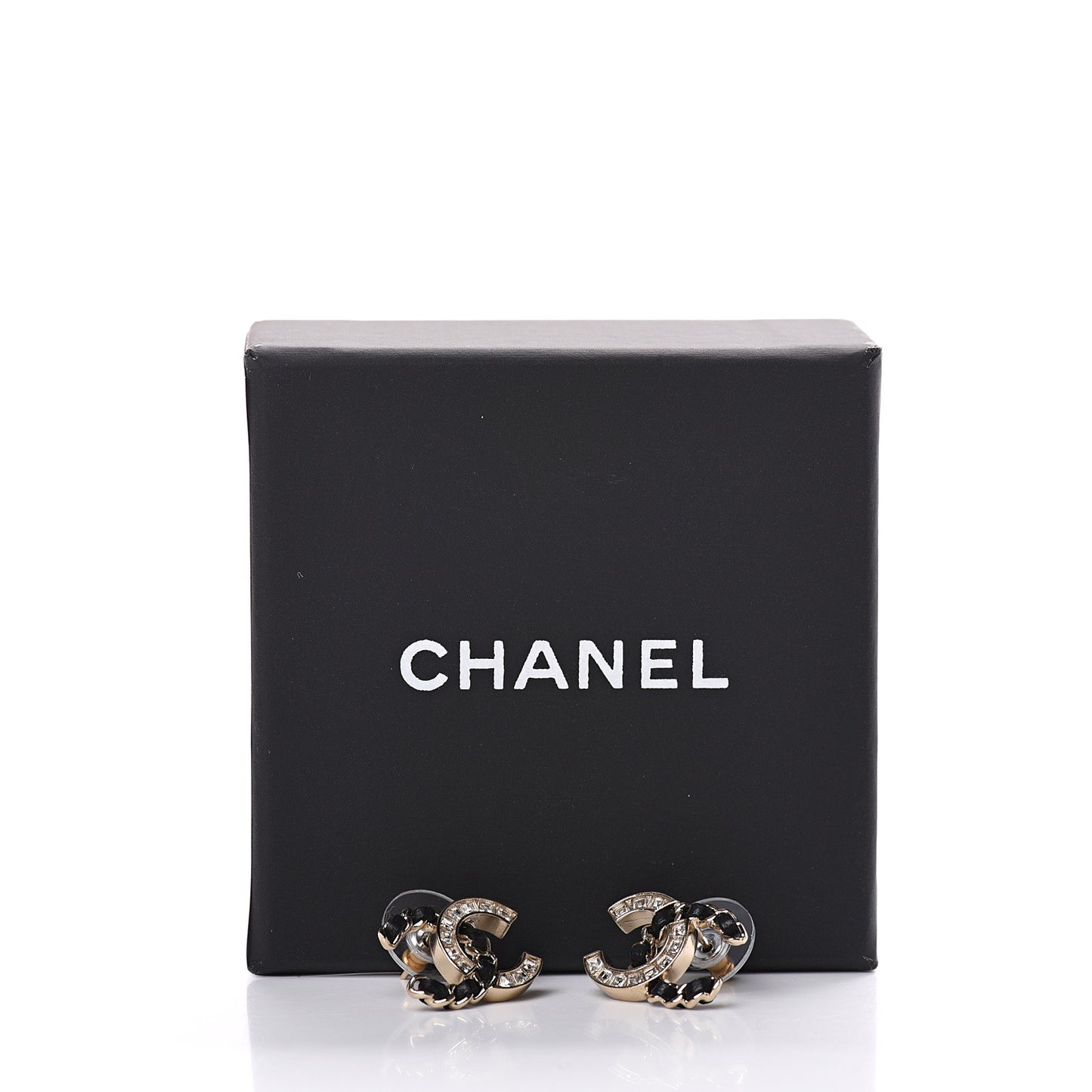 Crystal Baguette Lambskin Chain CC Vintage Allure Stud Earrings Black Gold