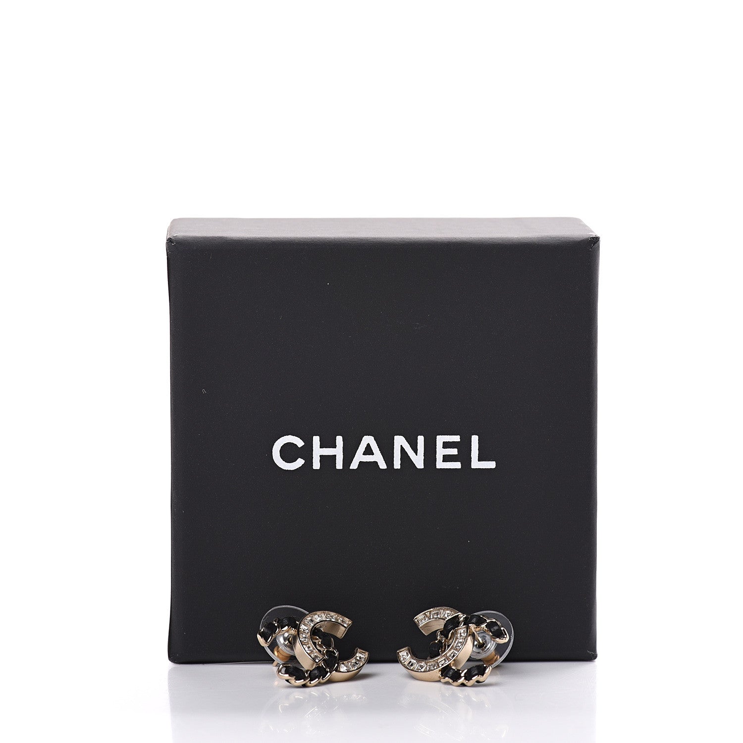 Chanel Crystal Baguette Lambskin Chain CC Vintage Allure Stud Earrings Black Gold 5 of 5