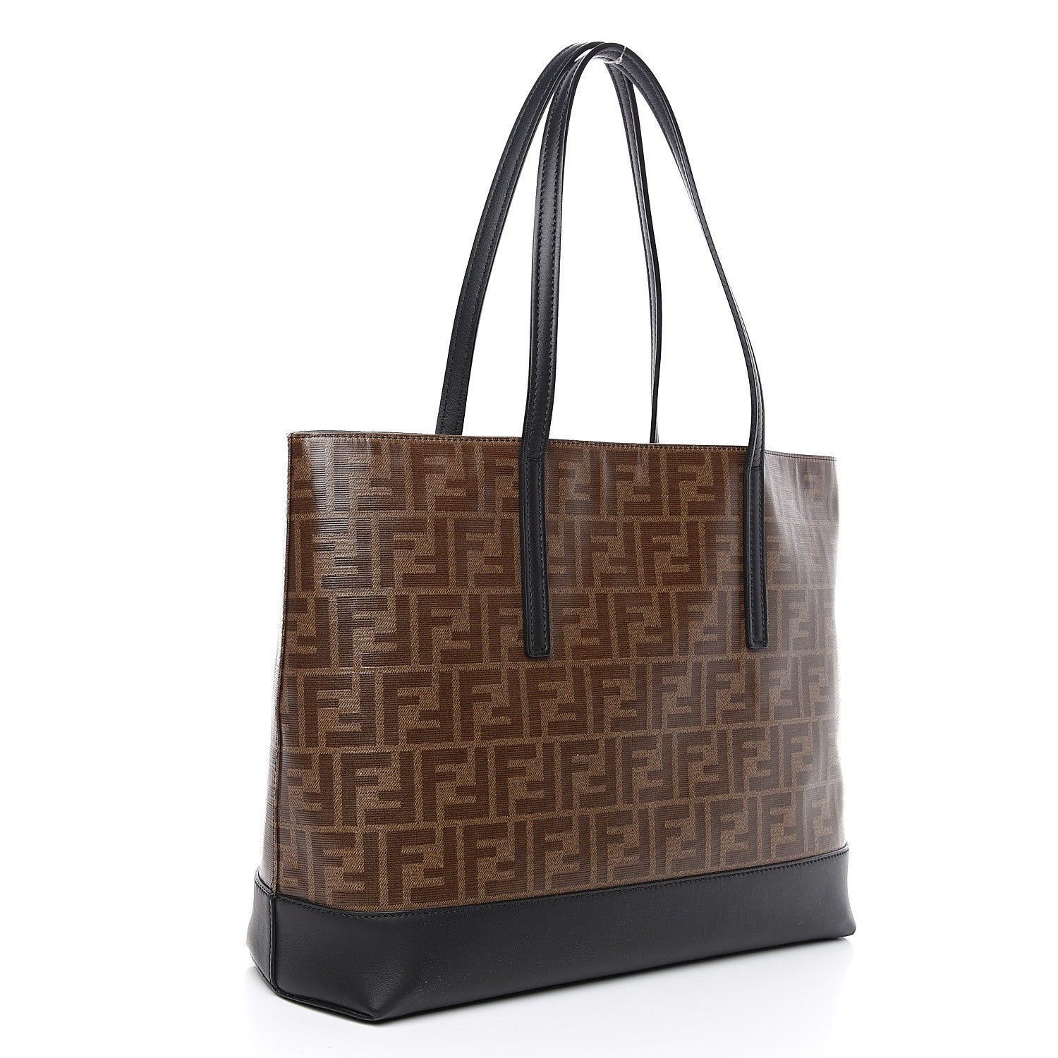 Fendi Glazed Fabric Vitello Century FF 1974 Stamp Patch Shopping Tote Mogano Panna Black 2 of 10