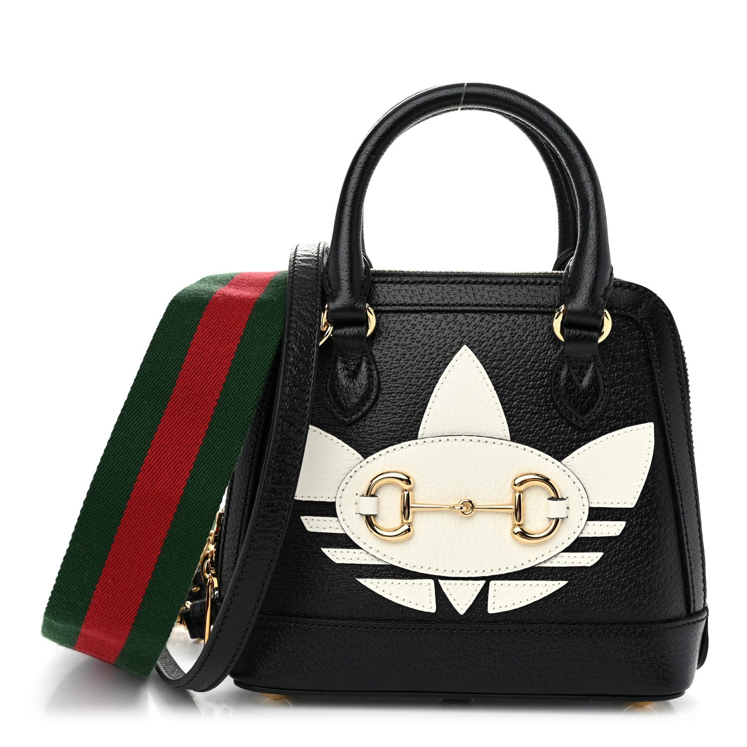 Gucci X ADIDAS Textured Dollar Calfskin Web Trefoil Mini Horsebit 1955 Top Handle Bag Black Off White 1 of 11