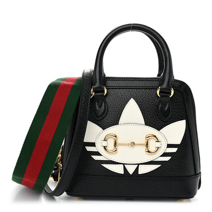 Gucci X ADIDAS Textured Dollar Calfskin Web Trefoil Mini Horsebit 1955 Top Handle Bag Black Off White 1 of 11