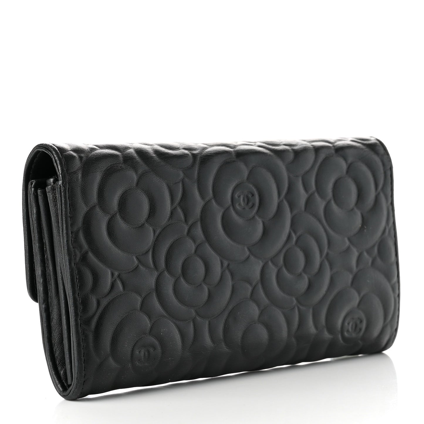 Lambskin Camellia Embossed Large Gusset Flap Wallet Black