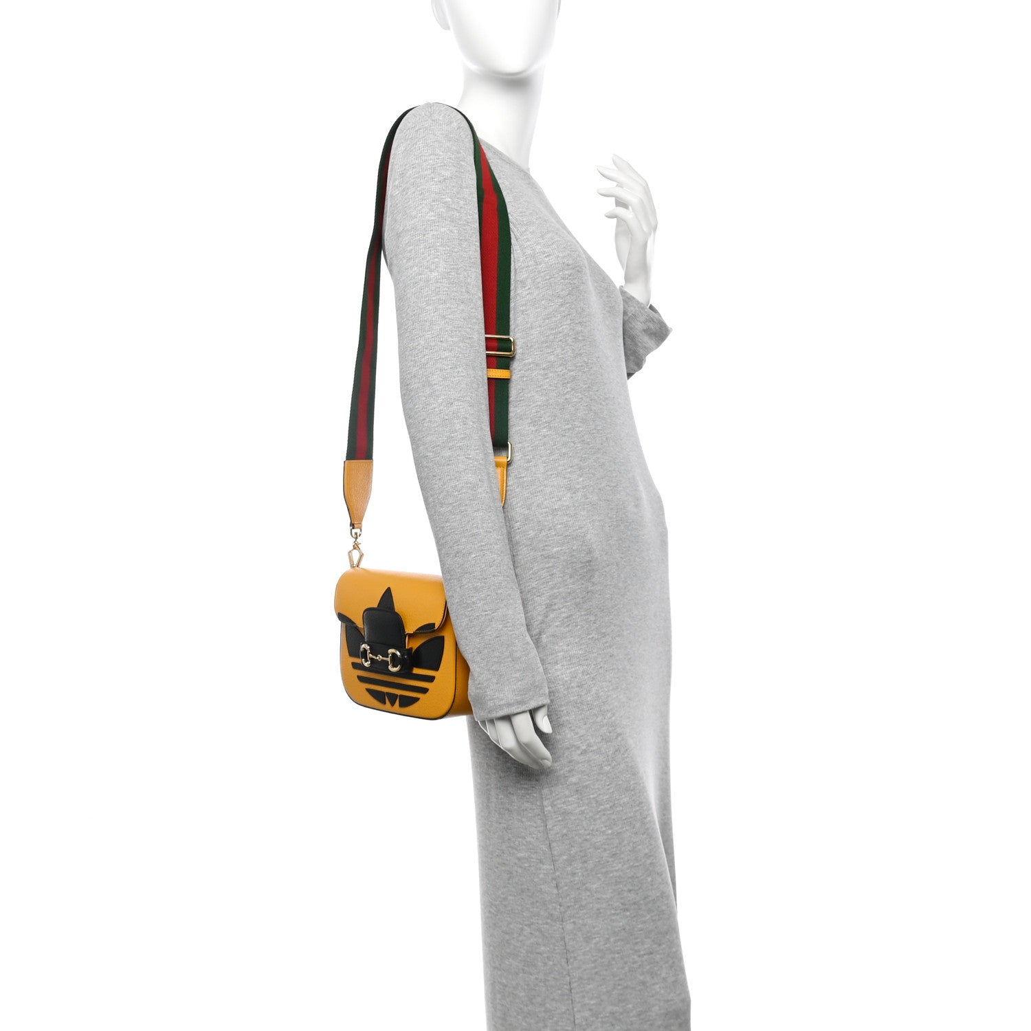 Gucci X ADIDAS Textured Dollar Calfskin Web Trefoil Mini Horsebit 1955 Shoulder Bag Crop Black 2 of 11