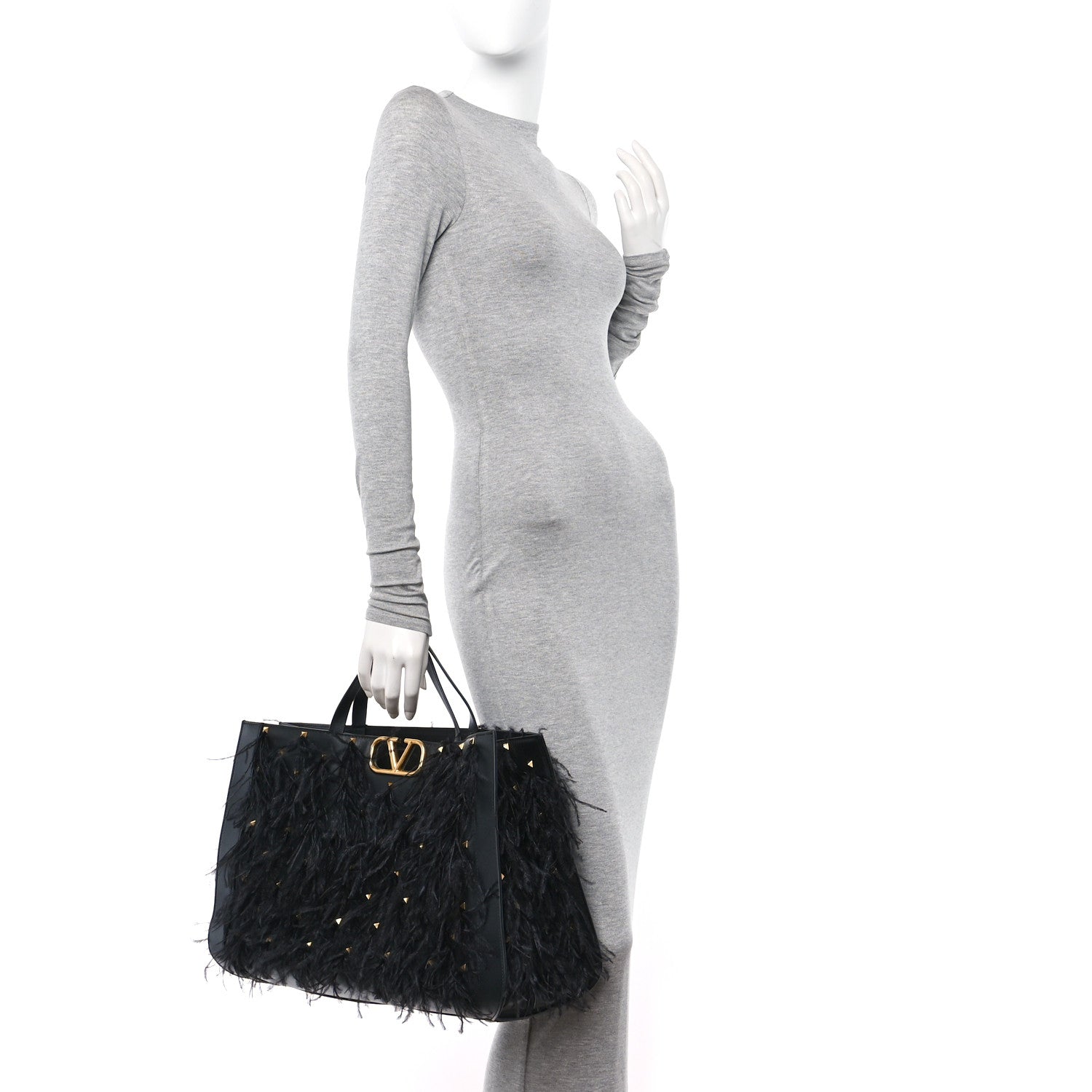 Valentino Garavani Calfskin Ostrich Feather Roman Stud VLogo Tote