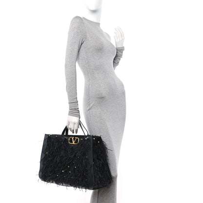 Valentino Garavani Calfskin Ostrich Feather Roman Stud VLogo Tote Black 3 of 9