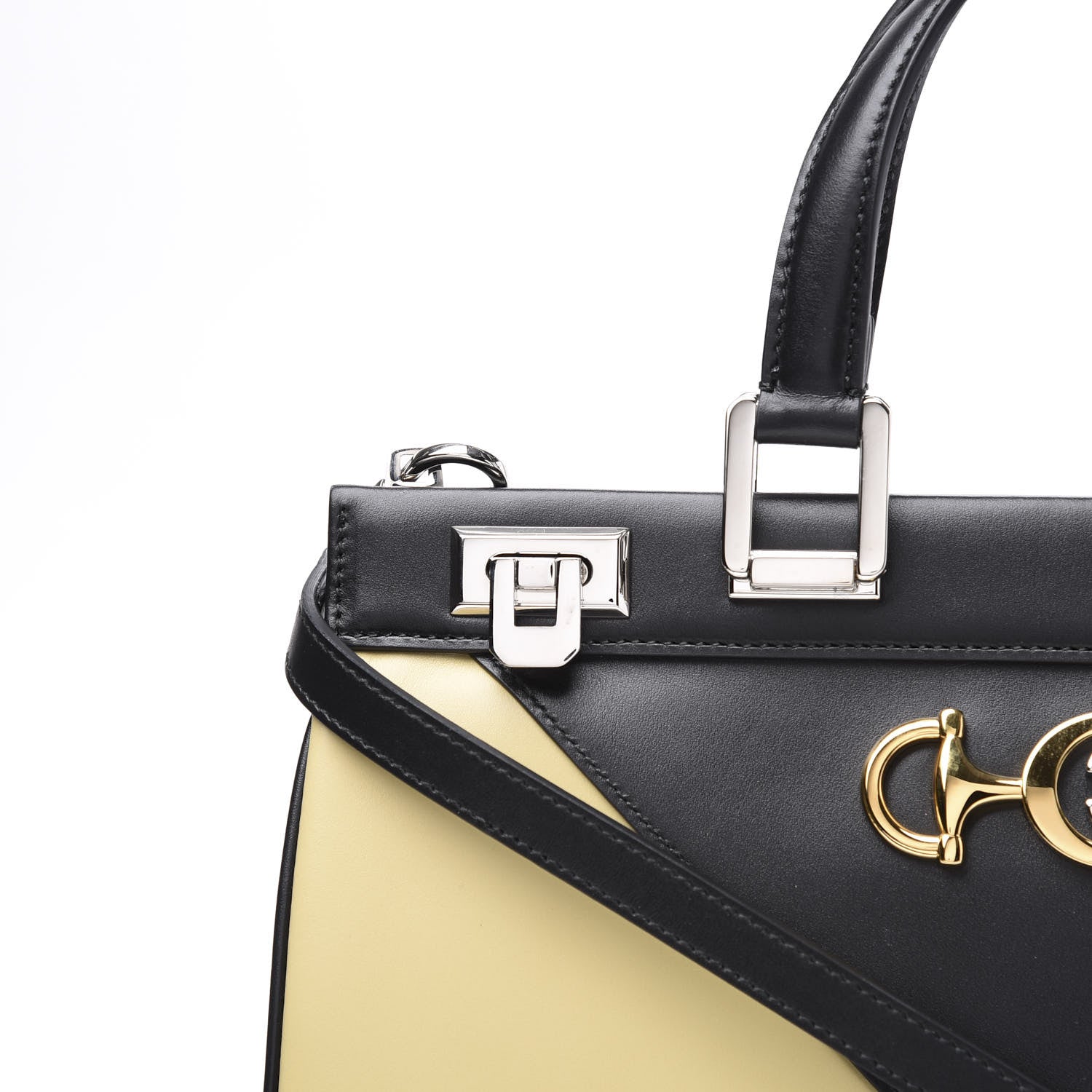 Gucci Smooth Calfskin Diagonal Striped Medium Zumi Top Handle Bag Black Beige 12 of 12