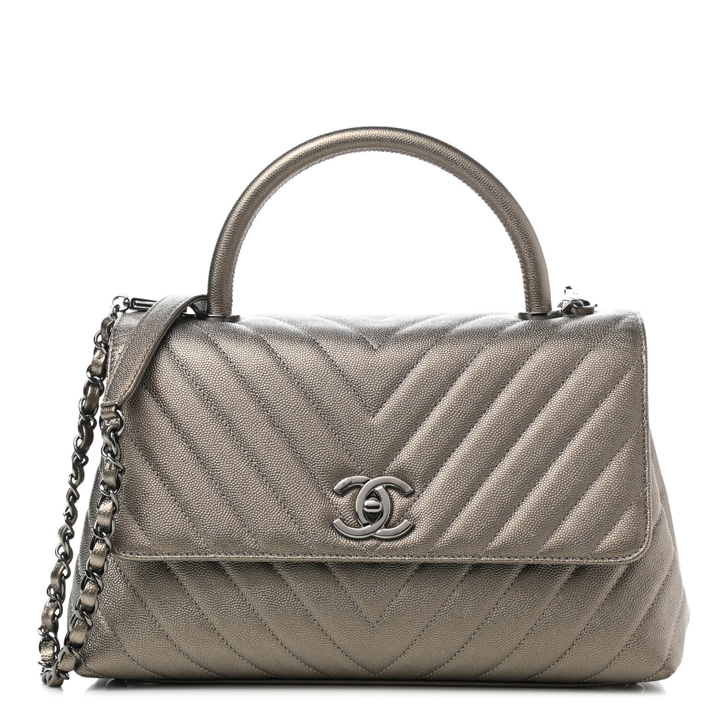 Metallic Caviar Chevron Quilted Small Coco Handle Flap Light Gold