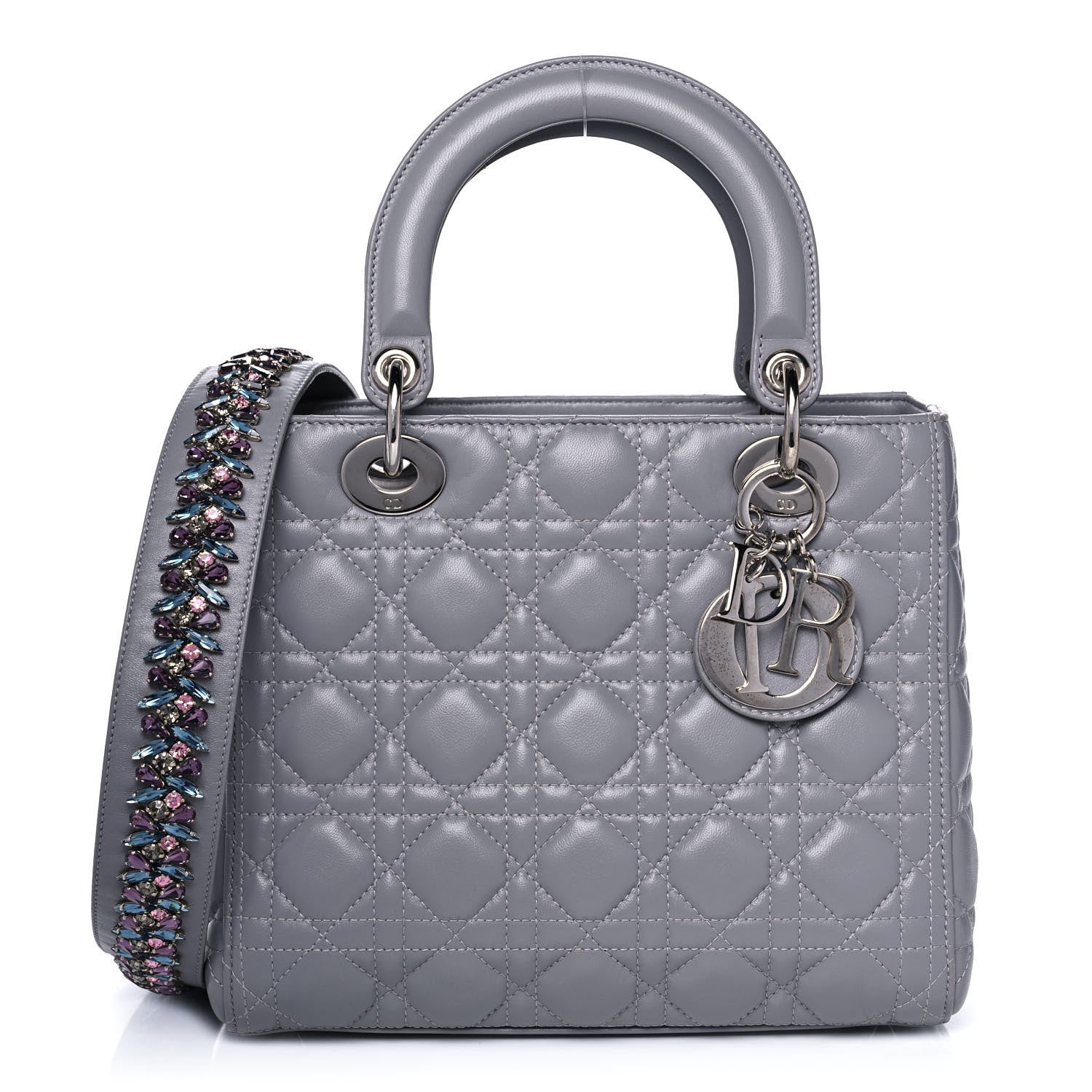 Christian Dior Lambskin Cannage Medium Lady Dior Crystal Strap Grey 1 of 16