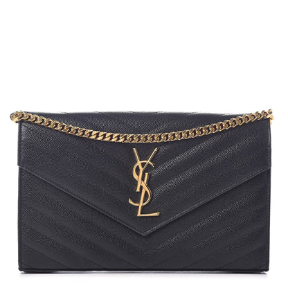 Saint Laurent Grain De Poudre Matelasse Chevron Monogram Chain Wallet Black 1 of 9