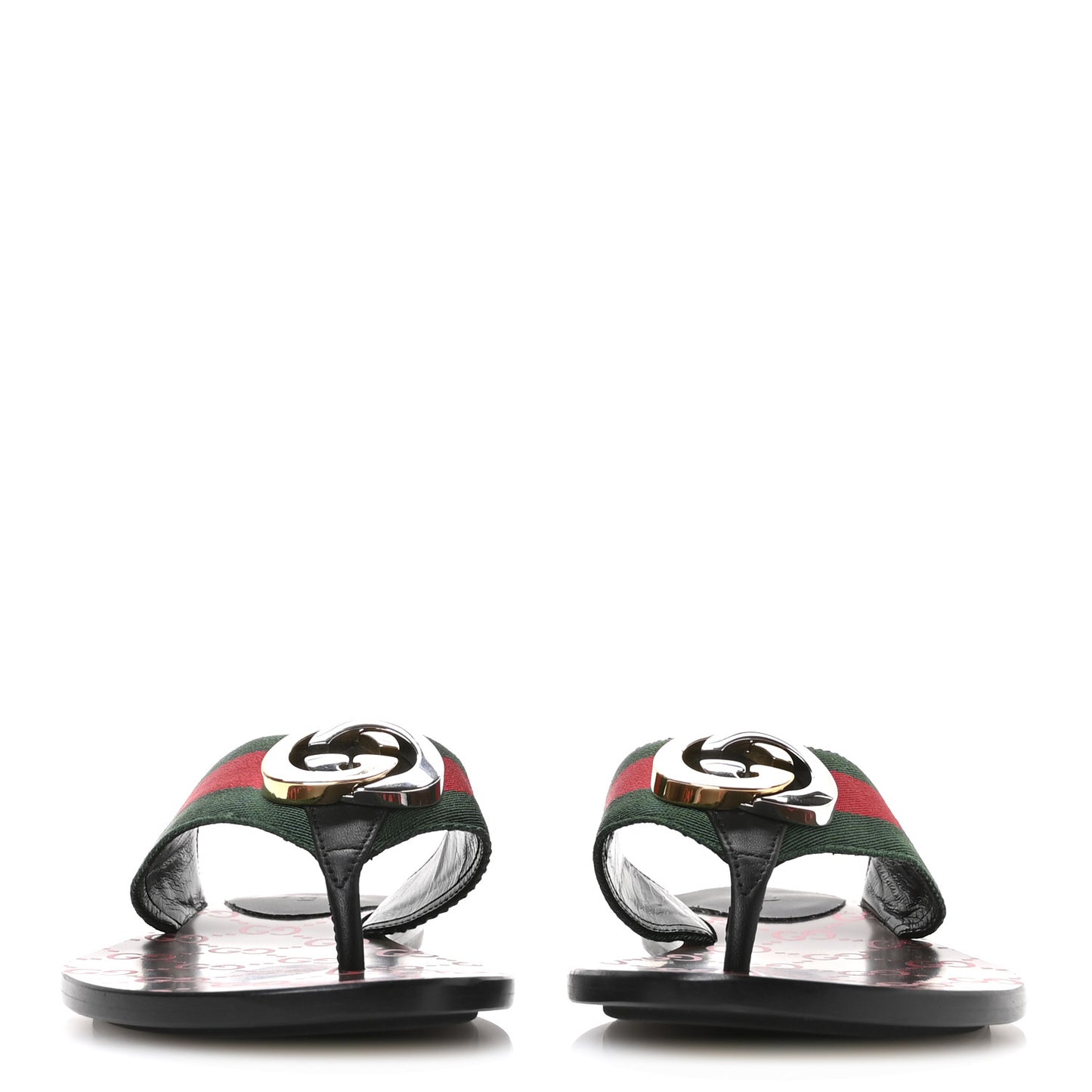 Nylon Calfskin Web GG Monogram Womens Thong Sandals 36.5 Green Red Cocoa