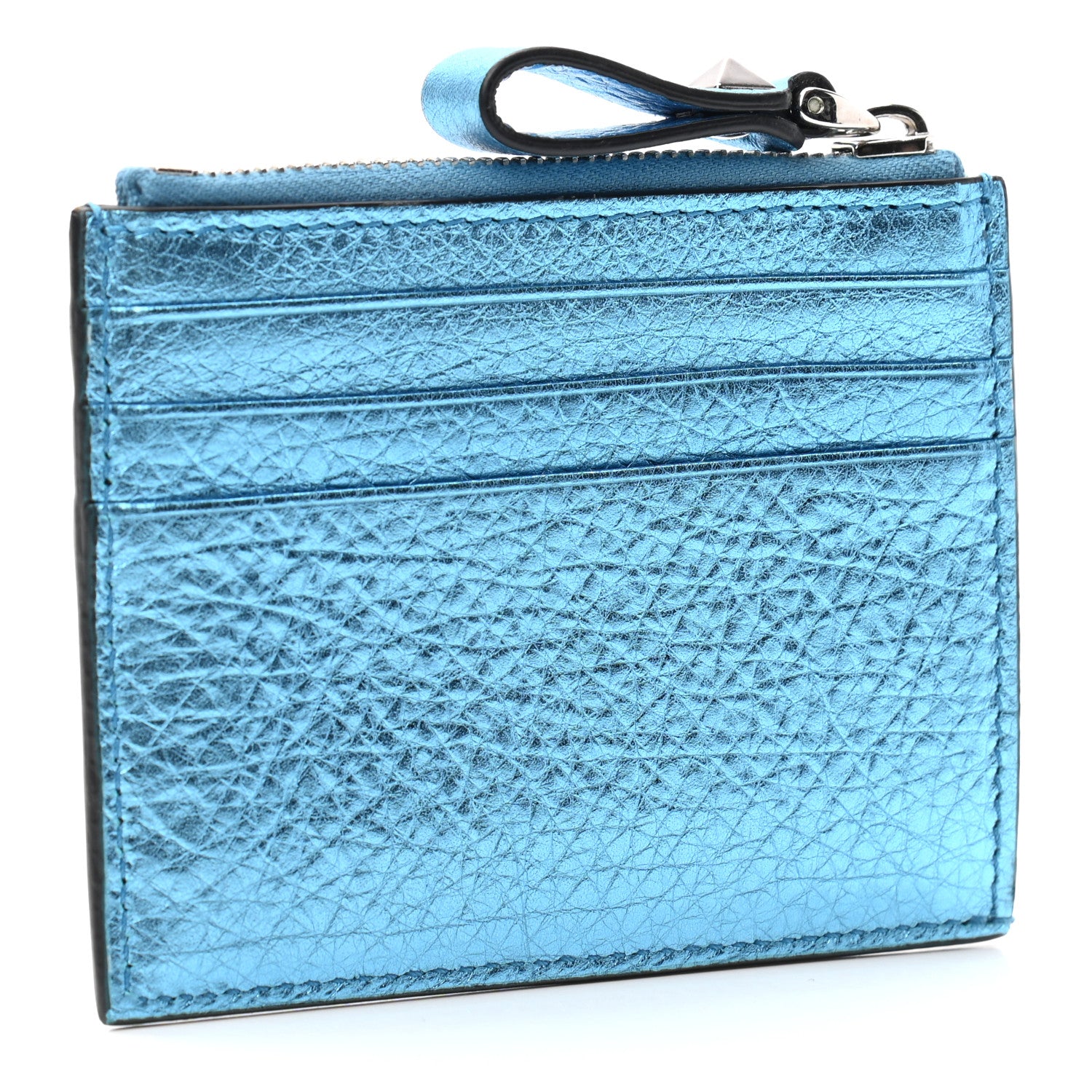 Valentino Garavani Metallic Pebbled Calfskin Rockstud Coin Case Card Holder Cerulean 3 of 6