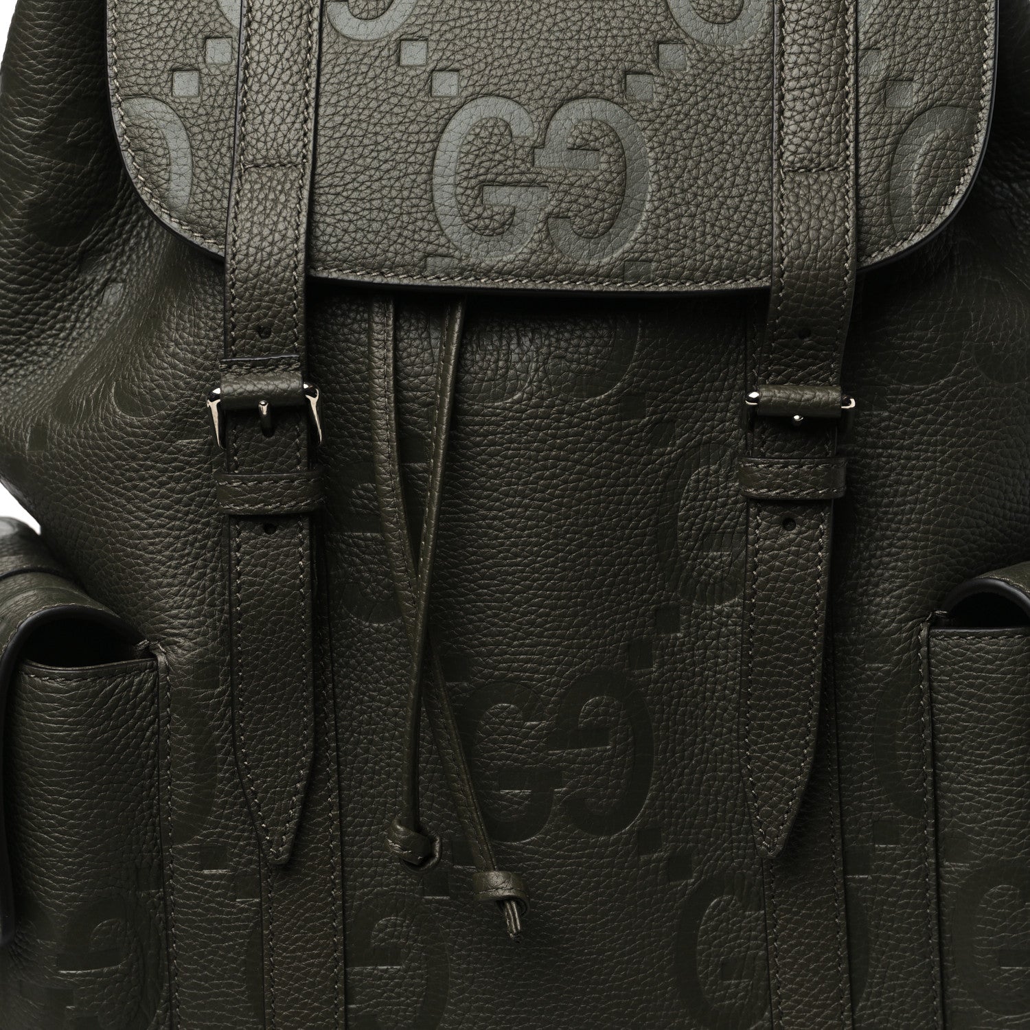 Gucci Piuma Calfskin Jumbo GG Embossed Double Buckle Backpack Dark Vintage Olive 7 of 9