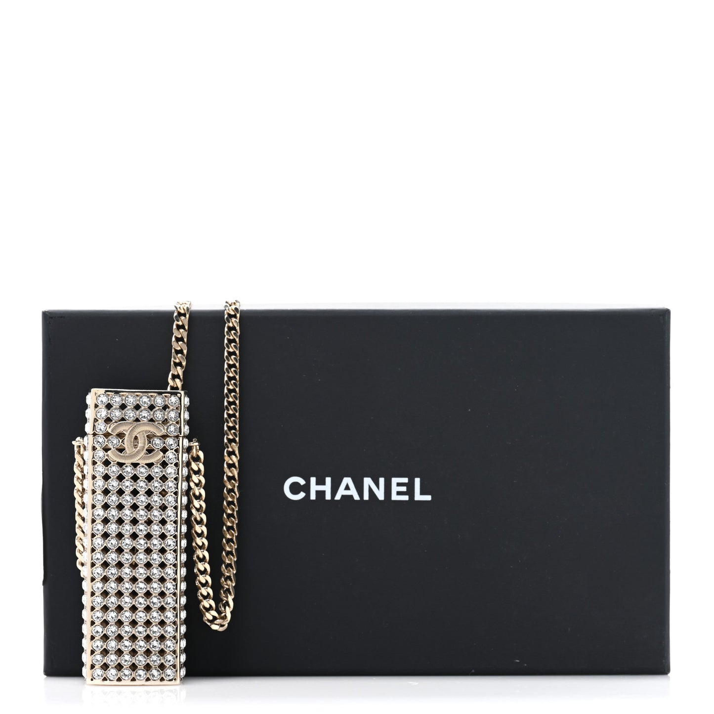 Metal Crystal Lipstick Case Long Necklace Gold