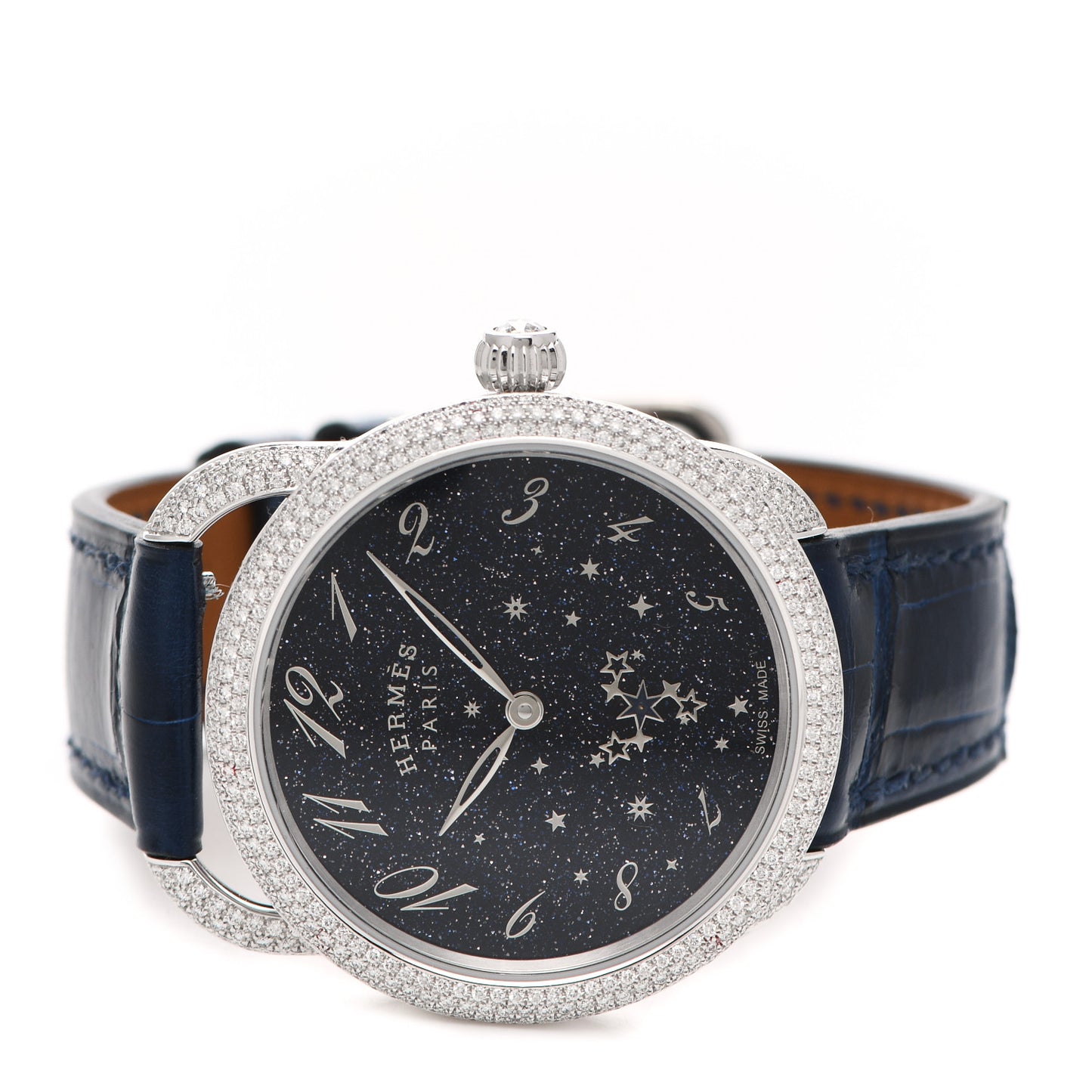 18K White Gold Alligator Diamond Bezel Aventurine 34mm Arceau Automatic Watch Bleu Saphir