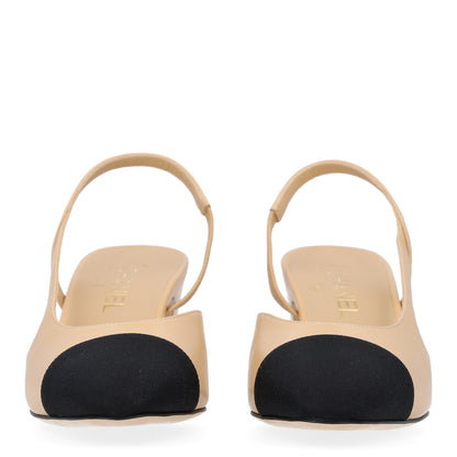 Chanel Goatskin Grosgrain Cap Toe CC Slingback Pumps 40 Beige Black 3 of 11