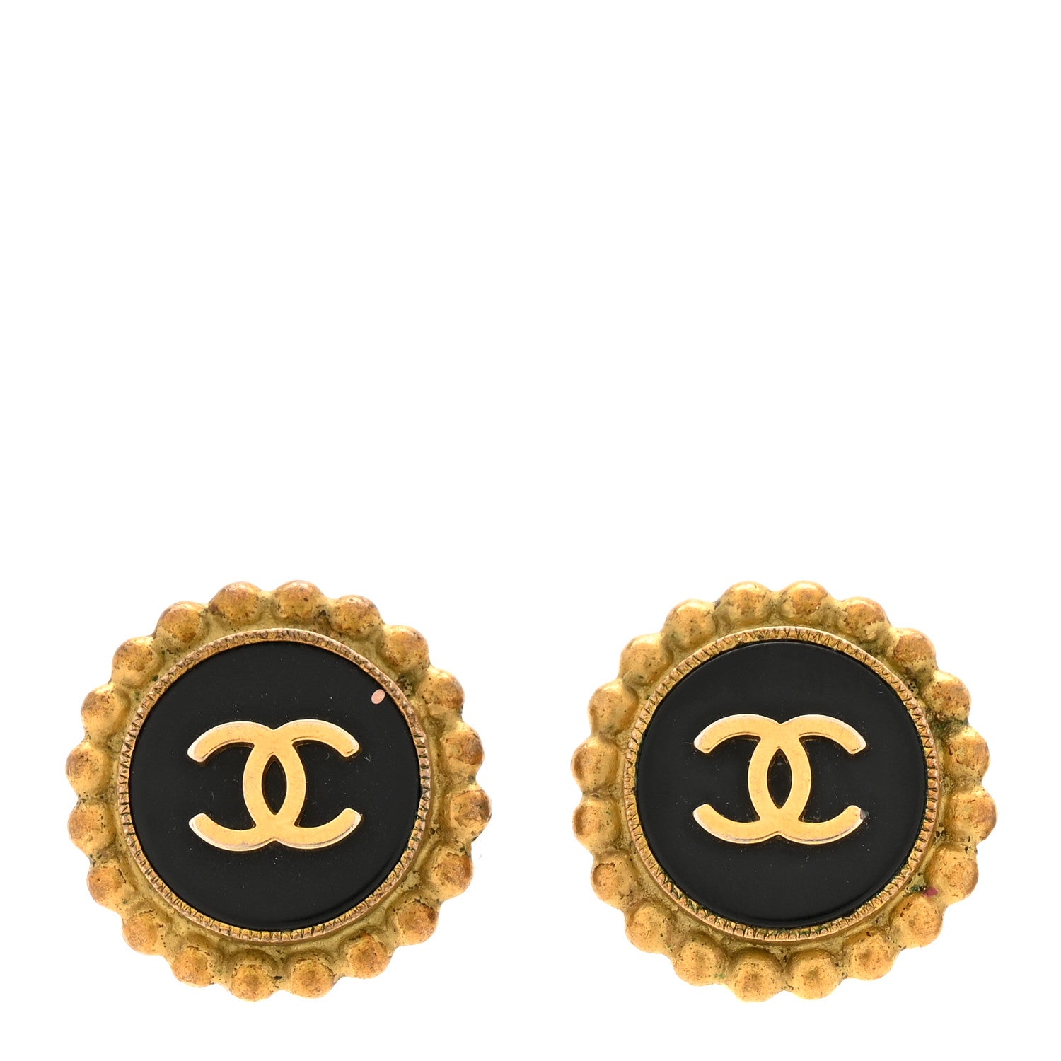 Chanel CC Round Clip On Earrings Black Gold 1 of 4