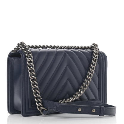 Chanel Calfskin Chevron Quilted New Medium Boy Flap Dark Navy Blue 3 of 12