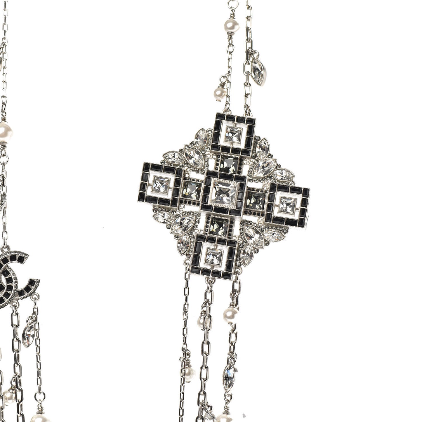 Pearl Baguette Crystal CC Maltese Cross Necklace Silver Black