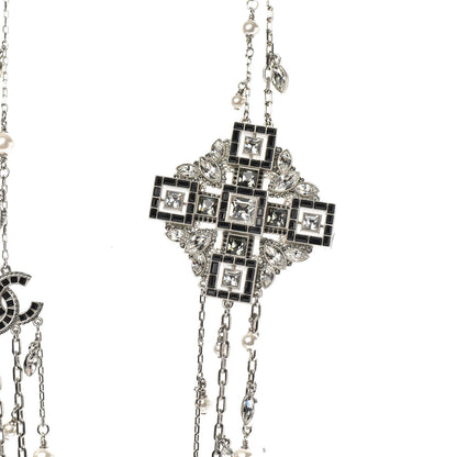 Chanel Pearl Baguette Crystal CC Maltese Cross Necklace Silver Black 3 of 6