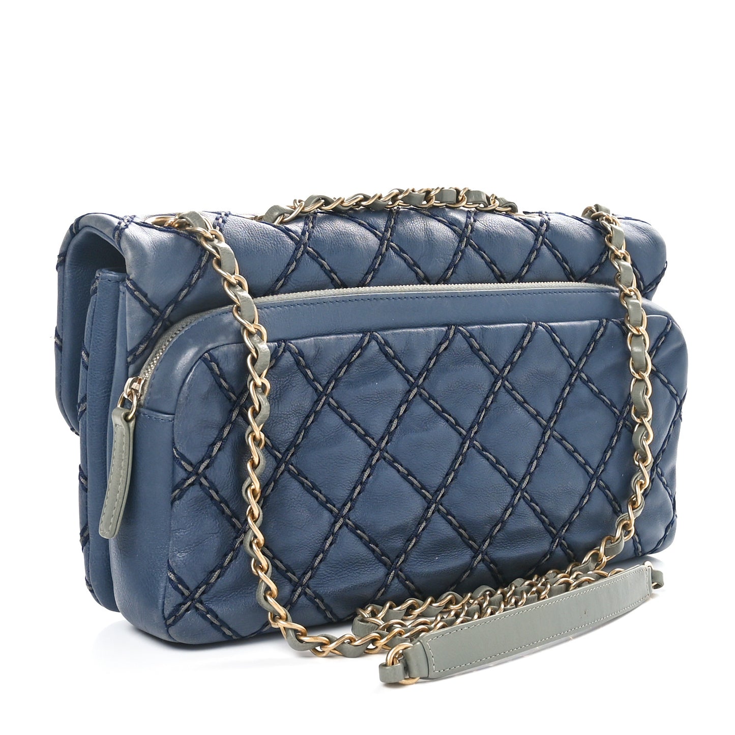 Calfskin Quilted Chic Stitch Flap Blue