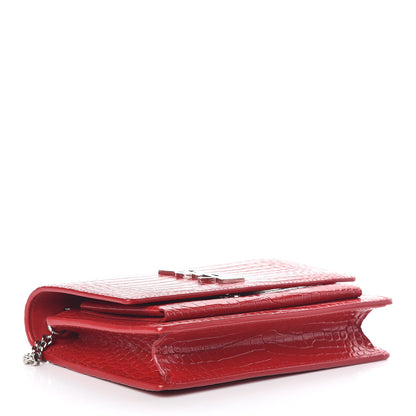 Saint Laurent Calfskin Crocodile Embossed Monogram Sunset Chain Wallet New Lipstick Red 4 of 8