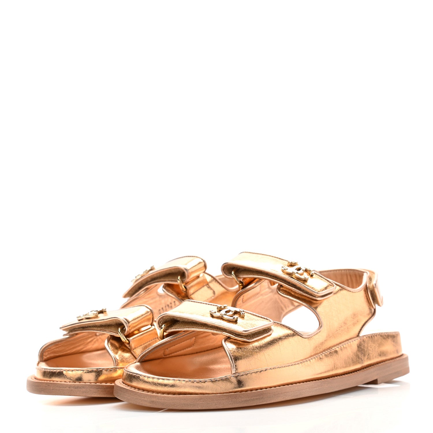Chanel Metallic Laminated Calfskin Velcro Dad Sandals 38 Golden 3 of 8