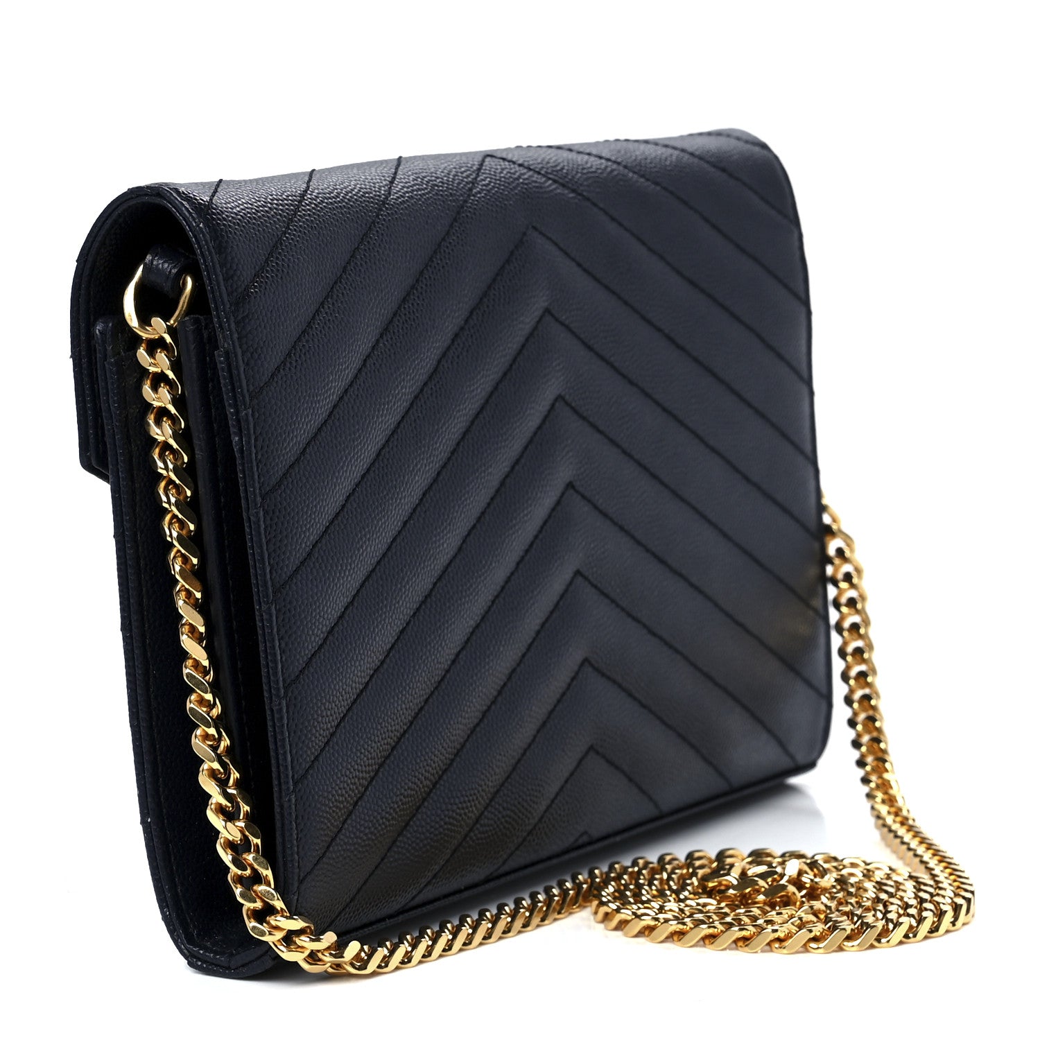 Saint Laurent Grain De Poudre Matelasse Chevron Monogram Chain Wallet Deep Marine 3 of 11