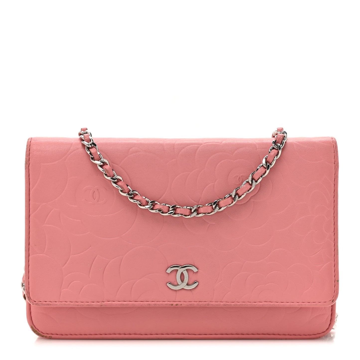 Lambskin Camellia Embossed Wallet on Chain WOC Pink