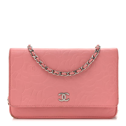 Chanel Lambskin Camellia Embossed Wallet on Chain WOC Pink 1 of 19