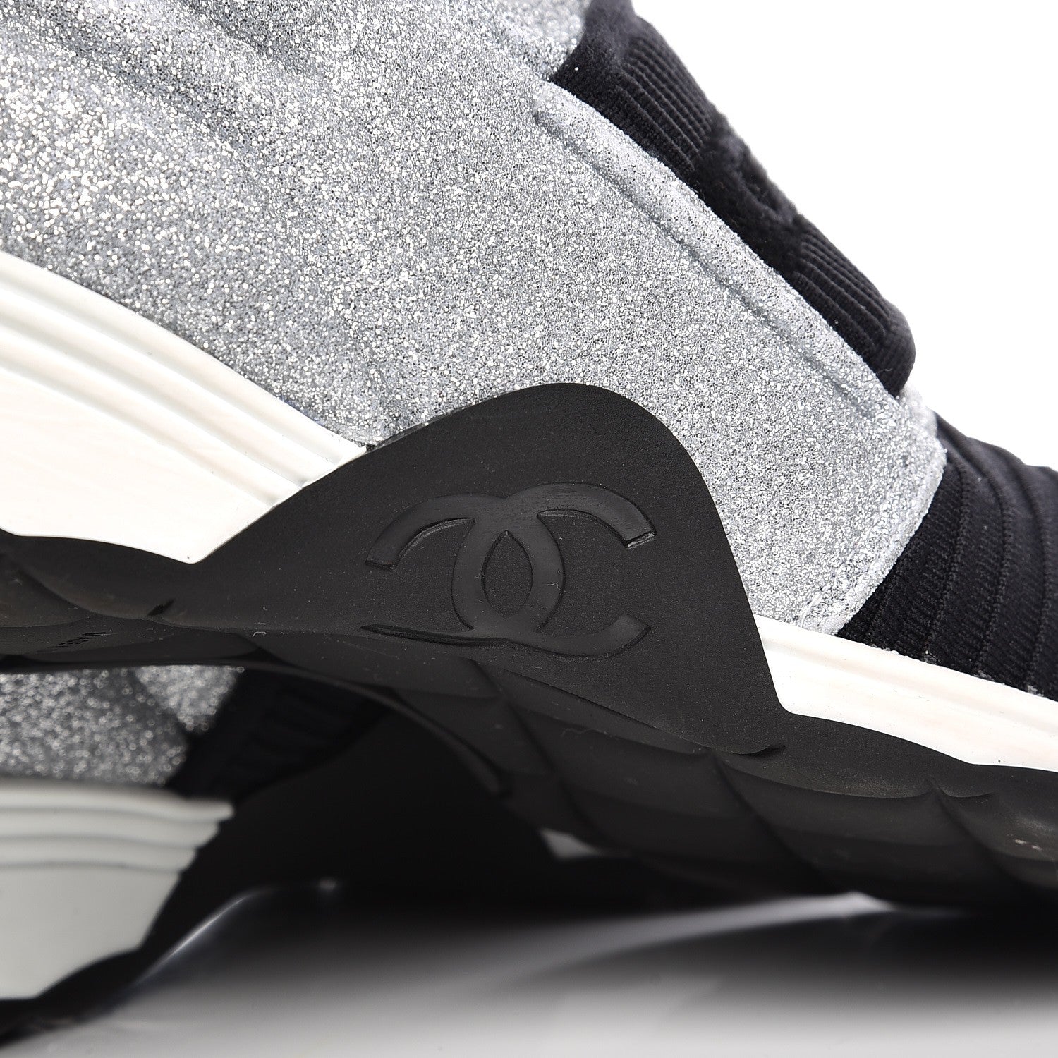 Chanel Glitter Stretch Fabric CC Sneakers 38.5 Black Silver 8 of 11