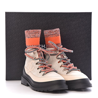 Chanel Calfskin Suede Knit CC High Top Lace Up Snow Boots 38.5 Orange Dark Grey Ivory 15 of 15