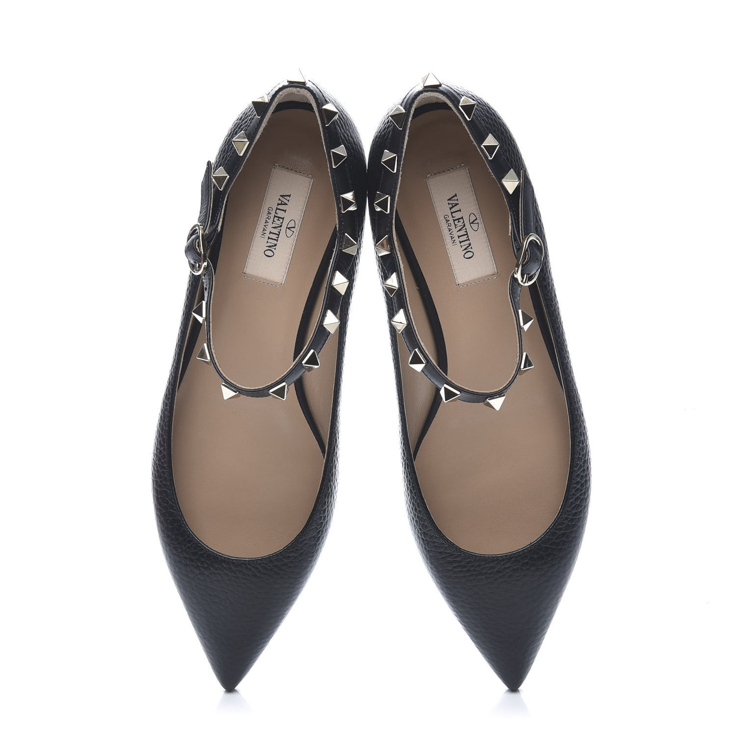 Pebbled Calfskin Rockstud Ankle Strap Ballerina Flats 37.5 Black