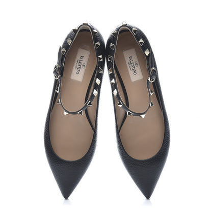 Valentino Garavani Pebbled Calfskin Rockstud Ankle Strap Ballerina Flats 37.5 Black 5 of 10