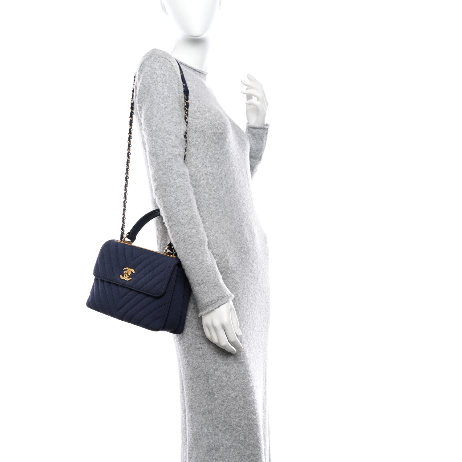 Chanel Jersey Chevron Quilted Small Trendy CC Dual Handle Flap Bag Navy Blue 2 of 14