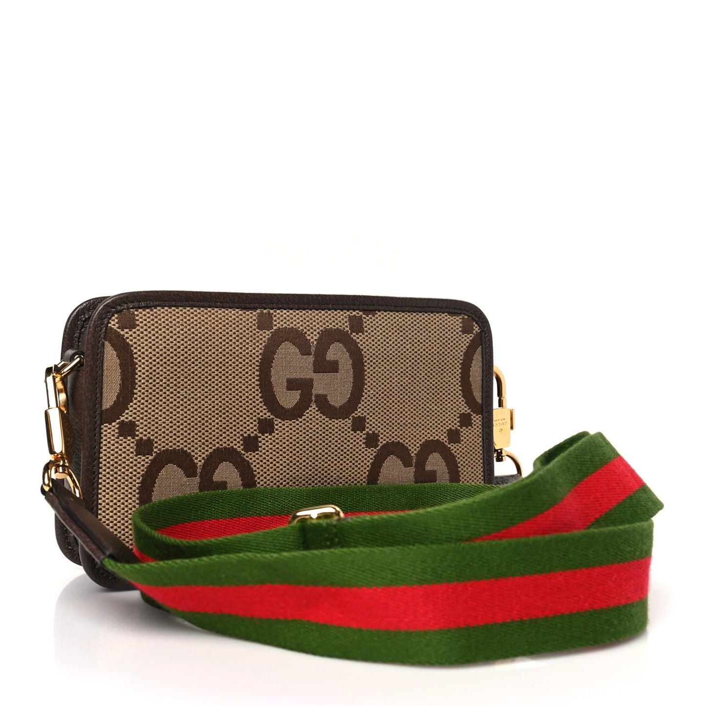 Monogram Jumbo GG Textured Dollar Calfskin Web Mini Crossbody Bag Camel Ebony New Acero