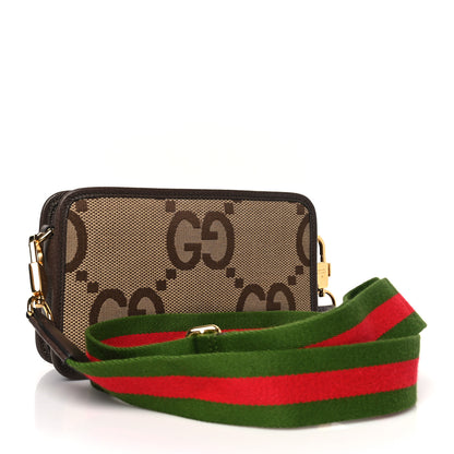 Gucci Monogram Jumbo GG Textured Dollar Calfskin Web Mini Crossbody Bag Camel Ebony New Acero 3 of 9