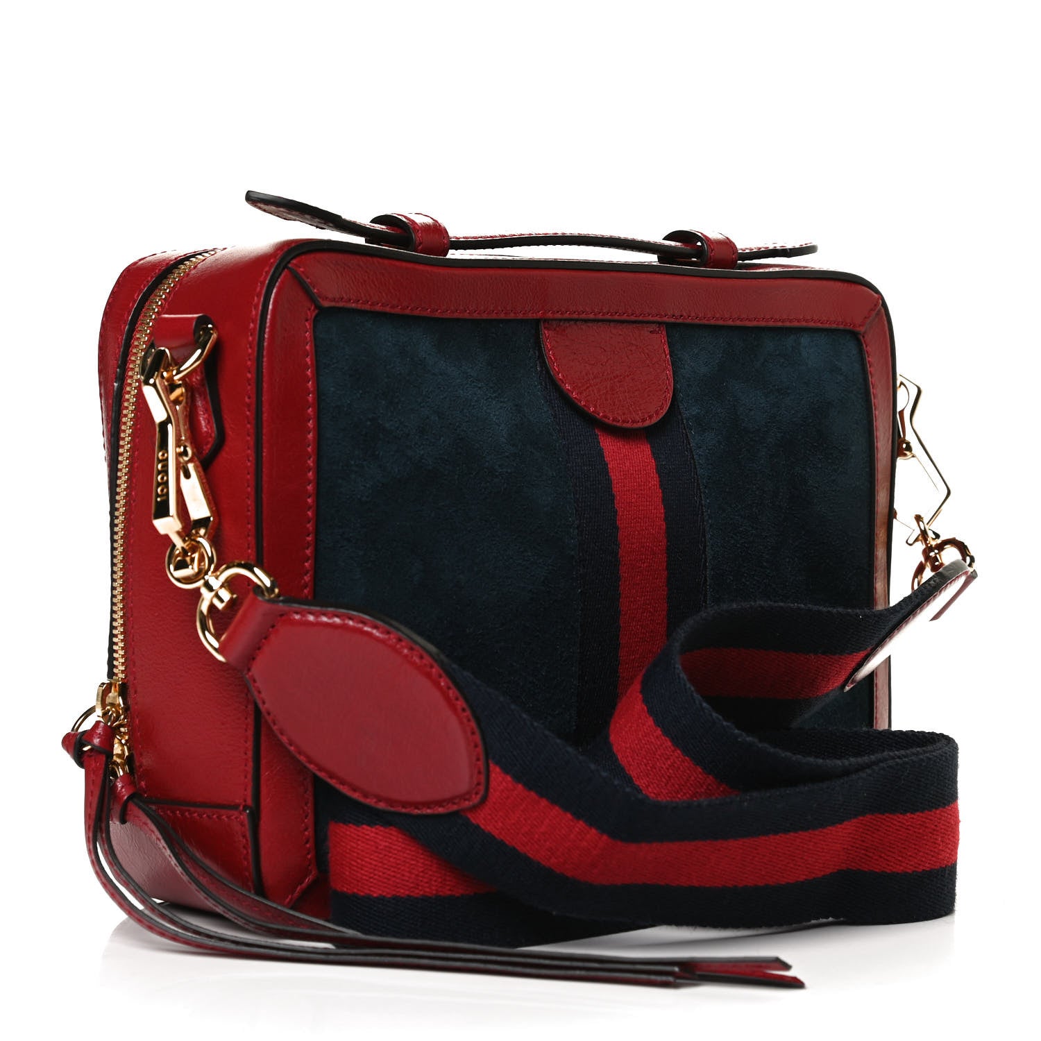 Gucci Suede Calfskin Web Small Ophidia Top Handle Shoulder Bag New Blue Romantic Cherry 3 of 14