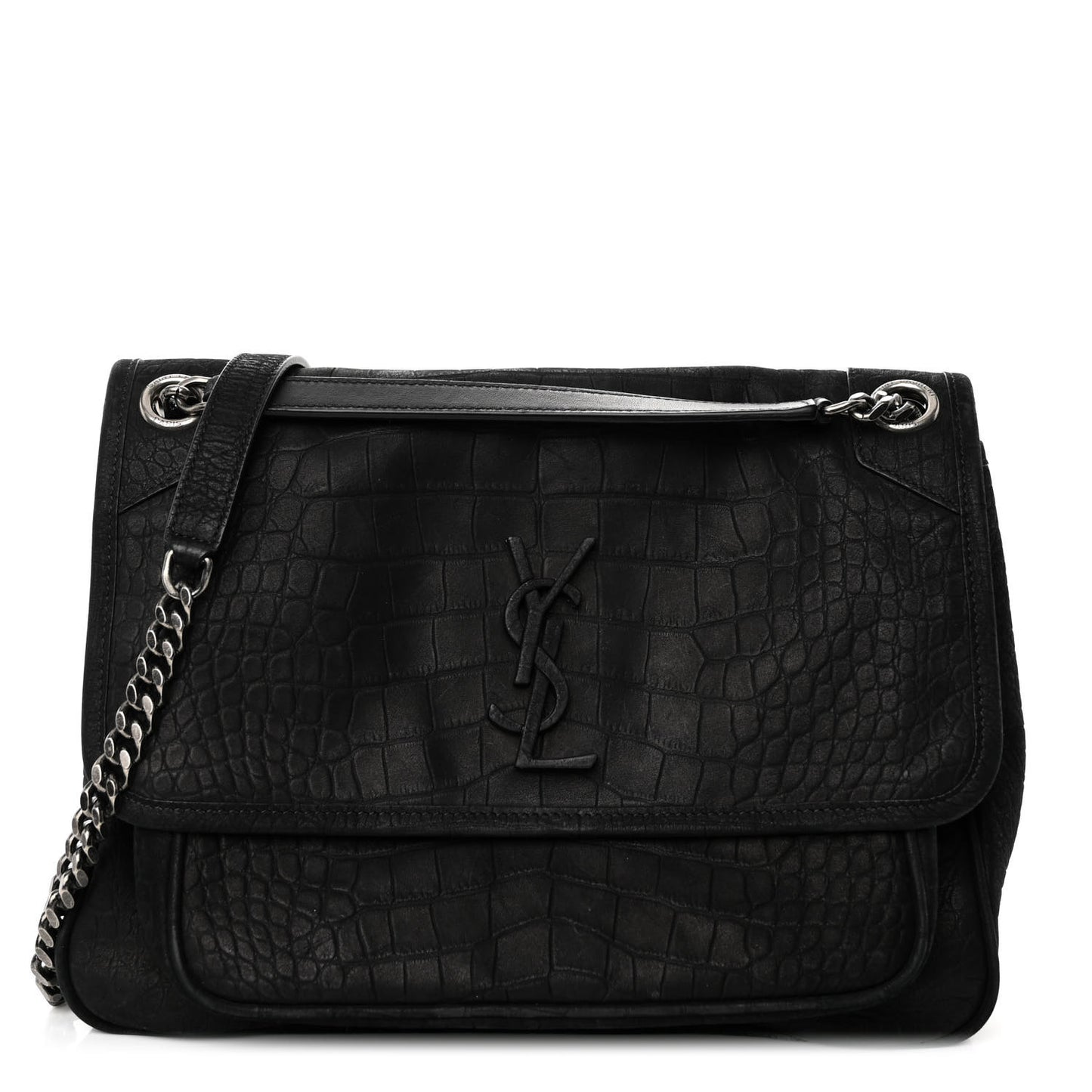 Nubuck Crocodile Embossed Monogram Medium Niki Chain Satchel Black