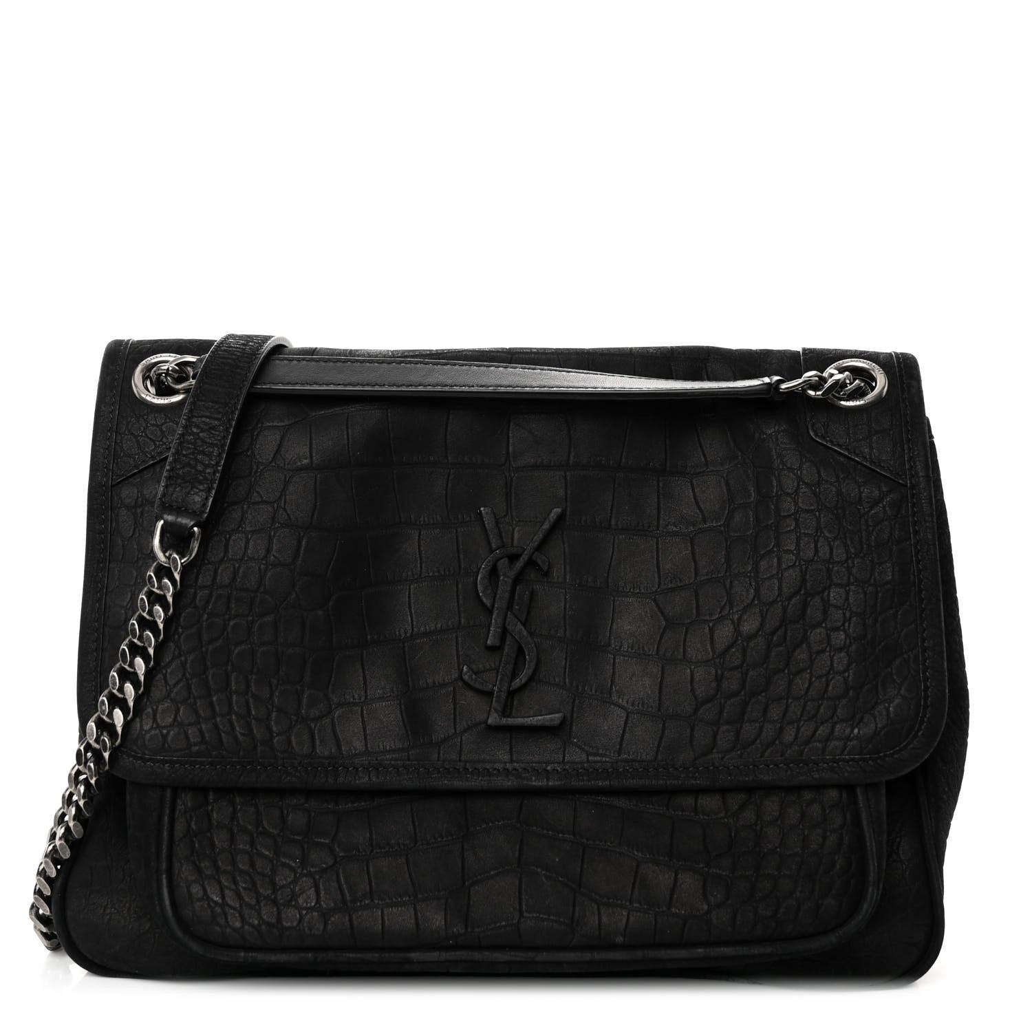 Saint Laurent Nubuck Crocodile Embossed Monogram Medium Niki Chain Satchel Black 1 of 9