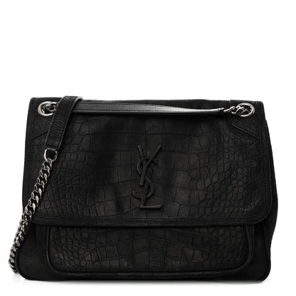 Saint Laurent Nubuck Crocodile Embossed Monogram Medium Niki Chain Satchel Black 1 of 9