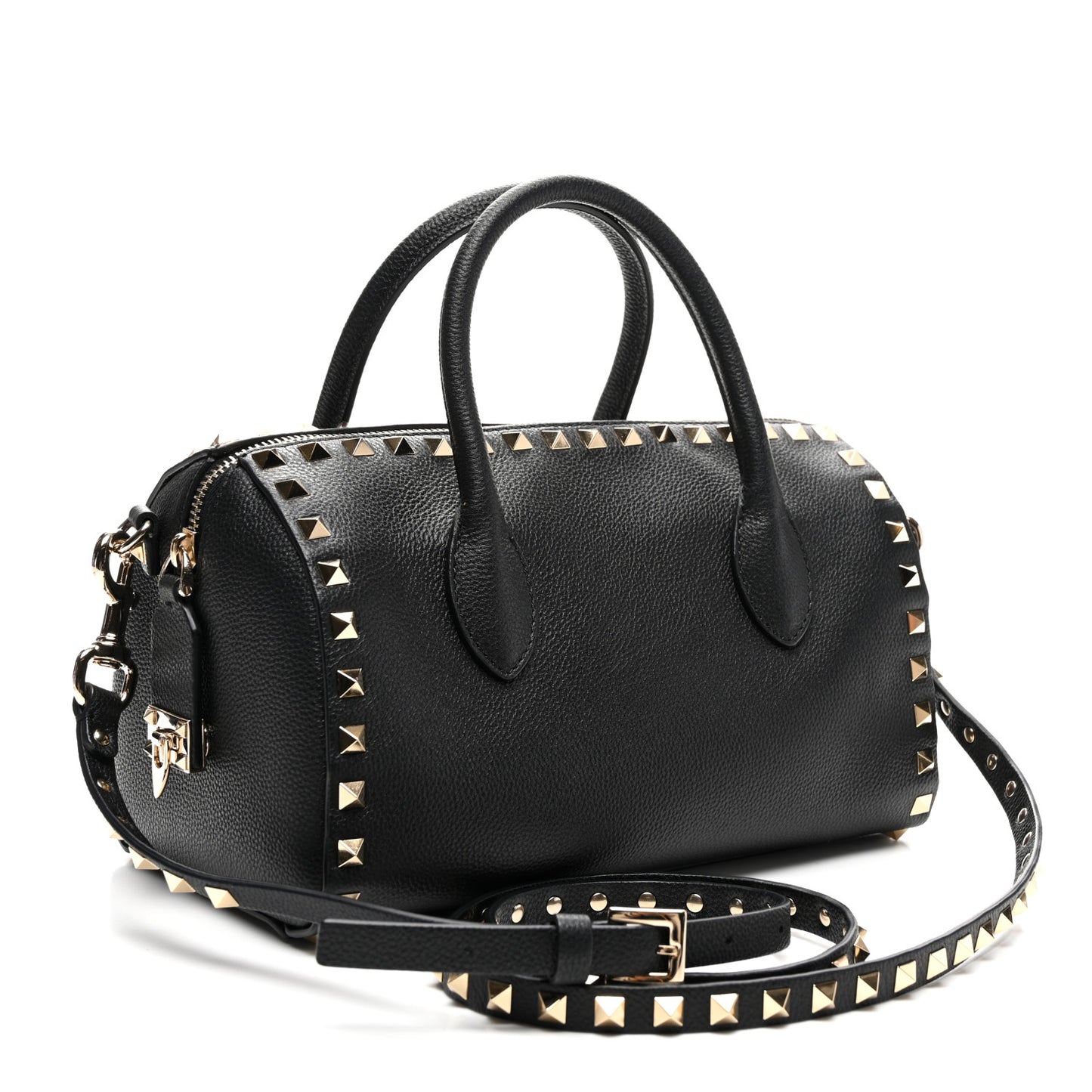 Pebbled Calfskin Rockstud Bowling Bag Black