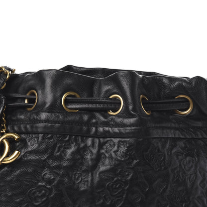Chanel Calfskin Camellia Embossed Drawstring Shoulder Bag Black 10 of 10