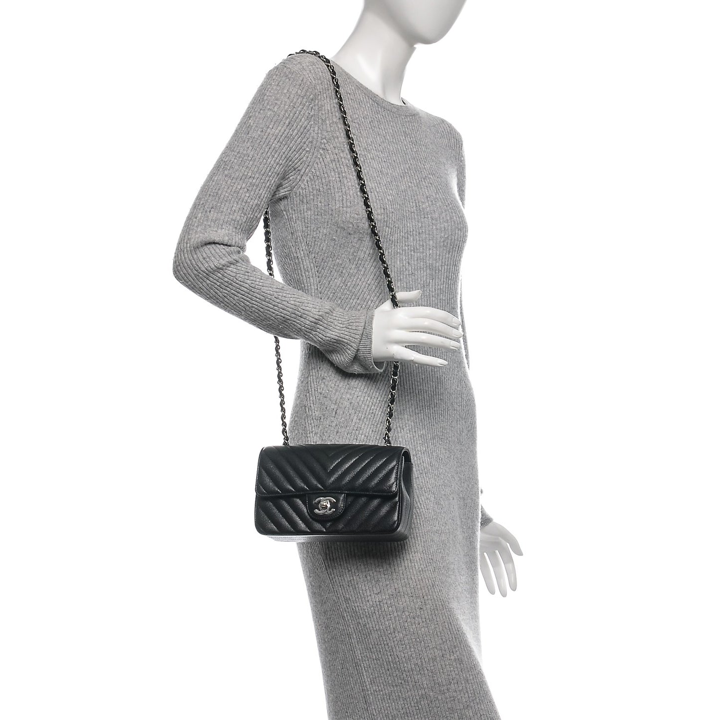 Caviar Chevron Quilted Mini Rectangular Flap Black
