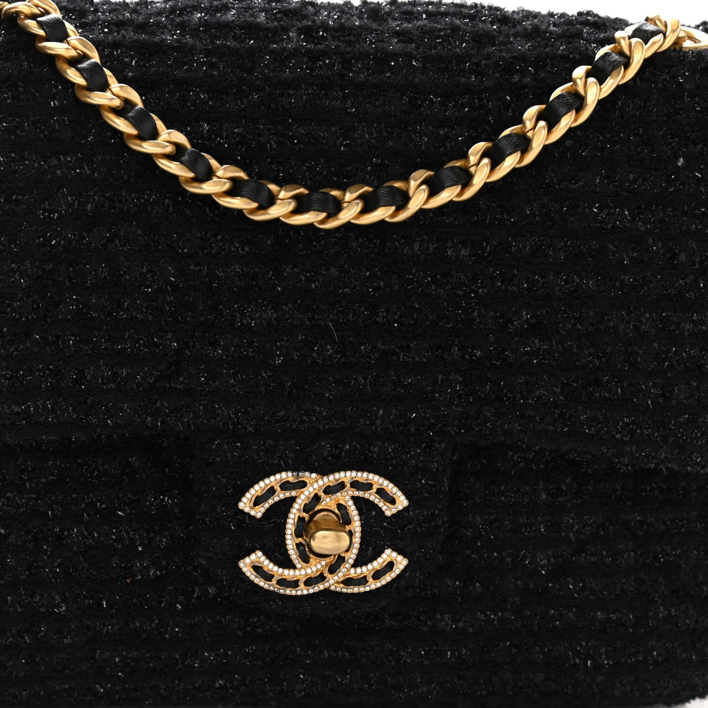 Tweed Quilted Mini Crystal CC Square Flap Black