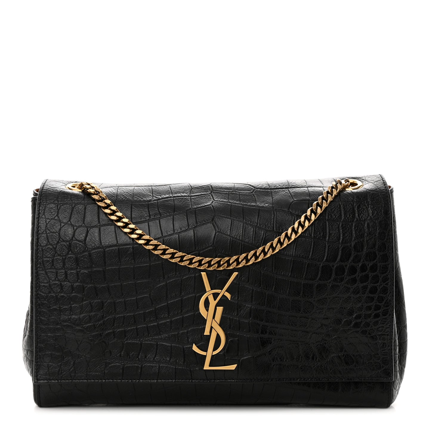 Calfskin Crocodile Embossed Calfskin Medium Reversible Monogram Kate Satchel Black