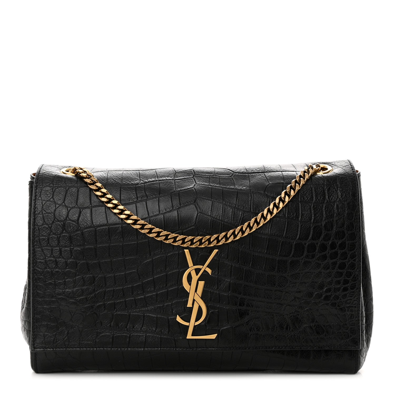 Saint Laurent Calfskin Crocodile Embossed Calfskin Medium Reversible Monogram Kate Satchel Black 1 of 11