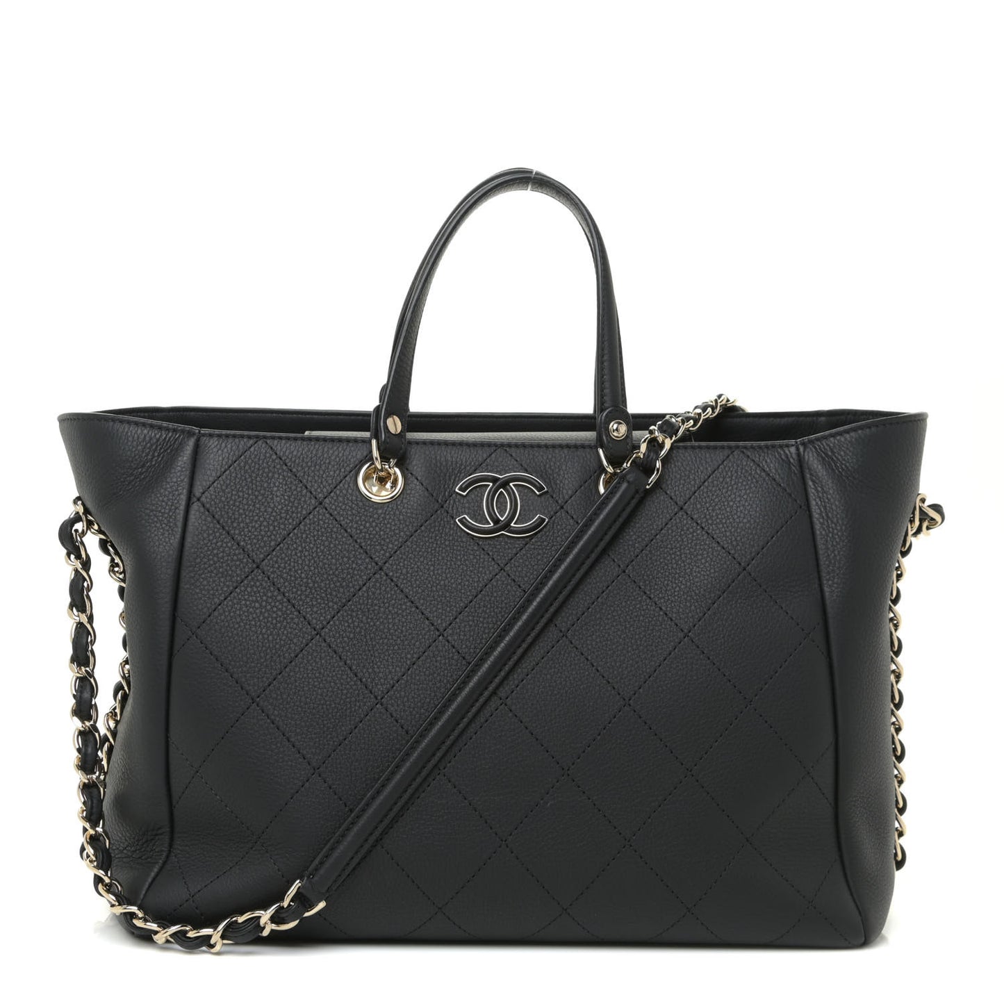 Calfskin Stitched Medium Shopping Tote Black
