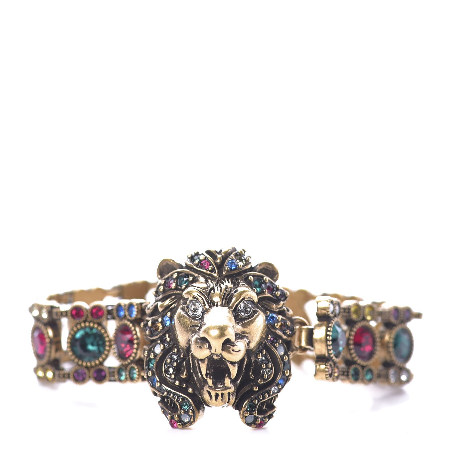 Gucci Metal Crystal Lion Head Bracelet S Aged Gold Multicolor 1 of 4